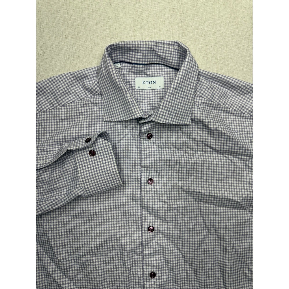 Eton Mens Slim Fit Dress Shirt Purple White Micro Check Cotton Size 17.5 44